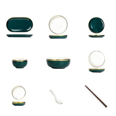 Imagem de Tigelas e pauzinhos de cerâmica, prato de peixe de cerâmica, pratos ocidentais, conjunto de porcelana com bordas douradas - conjunto de 11 peças/refeição para duas pessoas - branco