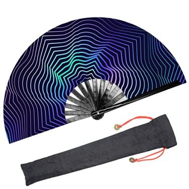 Imagem de Leehome Grande ventilador de mão dobrável Rave para mulheres/homens, chinês/japonês com ventilador de mão de bambu e tecido de nylon, para apresentação, decoração, dança, festa de festival, presente (rede de ilusão)