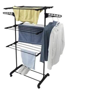 Imagem de Varal de Chão Dobrável, 3 Andares com Rodízios, 160x73x58cm, Suporte para Roupas e Cabides, Preto e Branco