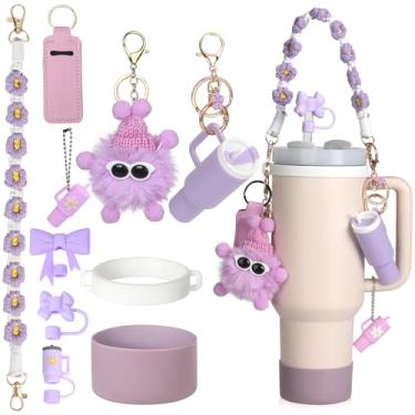 Imagem de Conjunto de acessórios de copo Stanley roxo com 10 peças, alça de garrafa de água para Stanley 30/1,134 g, acessórios incluem mini chaveiro Stanley Cup porta-batom, topos de palha, bota de copo de