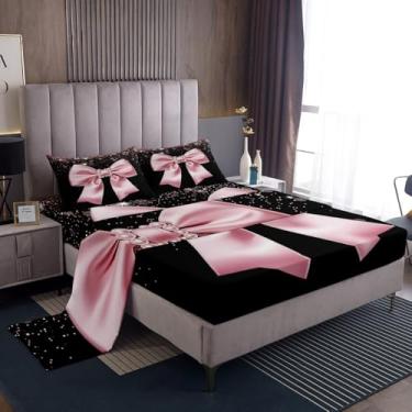 Imagem de Erosebridal Jogo de lençol solteiro elegante com laço, estampa de diamante com glitter, para meninas e mulheres, roupa de cama com bolso profundo