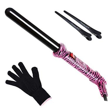 Imagem de Le Angelique Varinha de Cachos de cerâmica de 3,5 cm para ondas de praia, cachos curtos e longos - 25 mm Modelador profissional Clipless com luva e 2 clipes | Calor instantâneo 450F | Tensão dupla - Zebra rosa