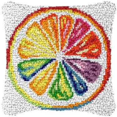 Imagem de ZFFLYH Kits de travesseiro de gancho de trava para adultos, almofada de lona impressa de limão colorida faça você mesmo crochê bordado à mão fronha decoração de sofá para casa 43 x 43 cm