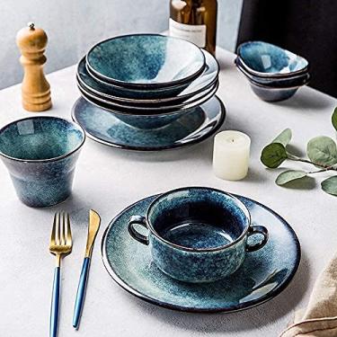 Imagem de Conjunto de louça para cozinha e jantar, conjunto de pratos de porcelana com esmalte gradiente, tigelas, pratos de sobremesa, pratos de jantar, pires para 2/4/6 safira azul