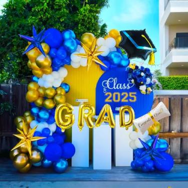 Imagem de Royal Blue white gold Graduation Balloon Garland Kit with graduation cap diploma and explosion star foil balloons Luxurious Graduation Party Decorations for the Class of 2025