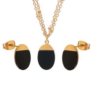 Imagem de TaYolnFaSo Conjunto de joias de pedra natural para mulheres 18 k banhado a ouro real ametista/lápis-lazúli/olho de tigre/colar de ágata preta conjunto de brincos joias de pedra preciosa presente de