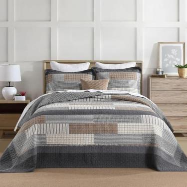 Imagem de Finlonte Colcha King extragrande de 304,8 cm x 304,8 cm – 100% algodão, leve, acolchoada, colcha King com 2 fronhas, cinza, marrom/bege