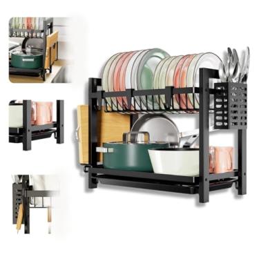 Imagem de Escorredor de Louça 2 Andares, Suporte para Pratos, Talheres e Copos, Organizador de Cozinha em Aço Inox, Preto