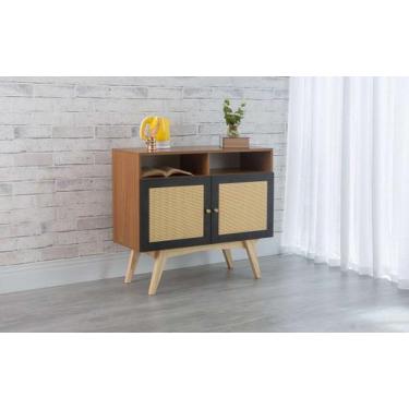 Imagem de Balcão Buffet Mdf Freijó Pés Taeda 2 Portas Com Nicho Preto E Palhinha