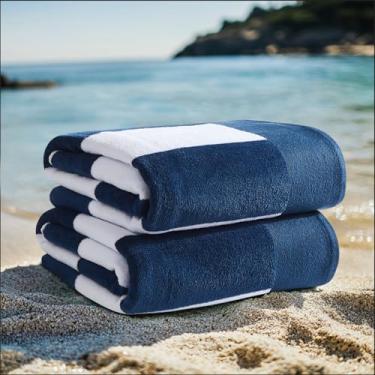 Imagem de Oceanfront Resort Pacote com 2 toalhas de praia listradas azul marinho Cabana, tema jacquard listrado, para homens e mulheres, confiança certificada Oeko-TEX