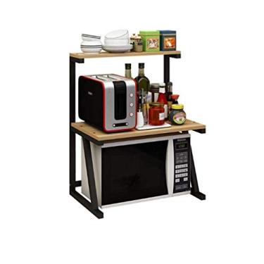 Imagem de YGCBL Prateleira de armazenamento, prateleiras multifuncionais para forno de micro-ondas para cozinha montada no chão, prateleira de madeira para panela de arroz de 2 camadas, suporte de armazenamento