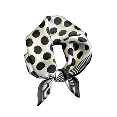 Imagem de Cachecol feminino masculino quadrado 100% seda de amoreira real lenço de cabeça de cabelo 53 x 53 cm, Bolinhas, branco e preto, 21" x 21"