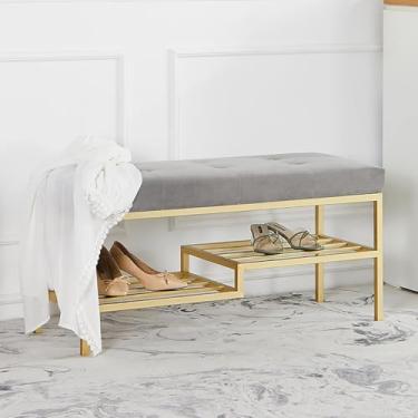 Imagem de Banco de cama luxuoso tufado, sapateira moderna para varanda de corredor, prateleira organizadora de nível, banco de armazenamento de sapatos de entrada com almofada de veludo - cinza 80 x 35 x 45 cm
