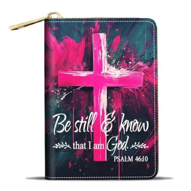 Imagem de JDHJFBFJNP Porta-cartões de crédito para mulheres, pequena carteira RFID fina de couro com zíper, lobo, Sagrada Cruz Citação Versículo da Bíblia Salmo 46:10, Moda