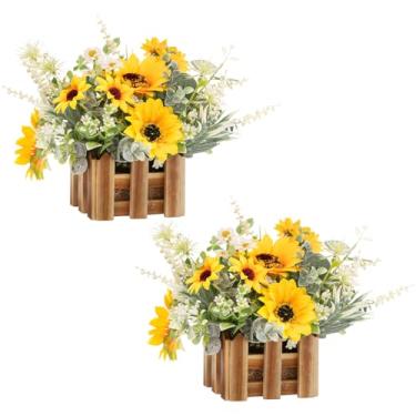 Imagem de WELL KNOWN Arranjo de flores artificiais de 2 peças. Centros de mesa em cesta de madeira falsa (girassóis)