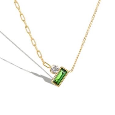 Imagem de Progresssail Colar feminino de pedra verde com strass de aço inoxidável, colar com pingente pequeno, colar verde esmeralda para mulheres, colar com pingente de pedra do mês de nascimento, joias