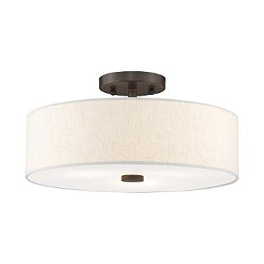 Imagem de Livex Lighting 52135-92 Meridian Collection Luminária de teto com 3 luzes semi embutidas com tecido cor de aveia e difusor de tambor de fundo duro e branco acetinado, bronze inglês