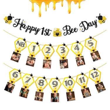 Imagem de 3PCS Happy Bee Day Party Decorations, Bumble Honey Bee 1st Birthday Baby Photo Banner for Newborn to 12 Months, Monthly Milestone Photograph Bunting Garland, First Birthday Celebration Decorations