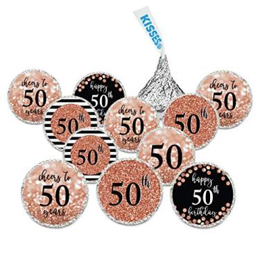 Imagem de Andaz Press Glitzy Faux Rose Gold Glitter Milestone Chocolate Drop Labels, Cheers to 50 Years, 50th Birthday or Anniversary, 240-Pack, Not Real Glitter, Kisses Party Colored Decorations