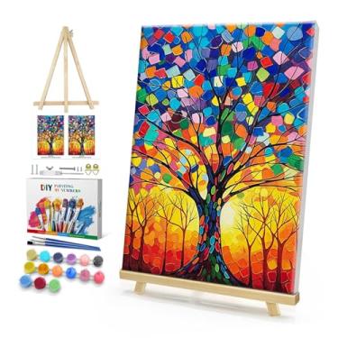 Imagem de HeeBenor Kit de pintura emoldurada por números para adultos, pintura de árvore da vida por número com cavalete, kit de pintura a óleo DIY árvore da vida, kits de pintura por números para adultos tela