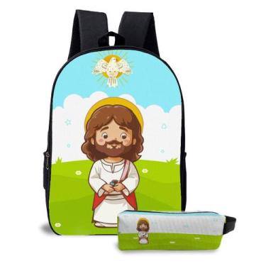 Imagem de Kit Mochila Estojo Infantil Escolar Cristão Unissex Estampa Céu Anjos 