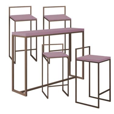 Imagem de Kit 4 Banquetas Lyno + 1 Mesa Bancada Aparador Mavye 150cm Ferro Marrom Rose Gold - Amey Decor