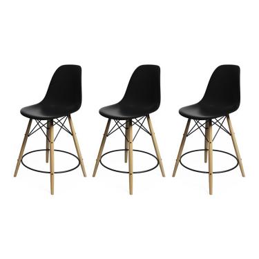 Imagem de Kit 3 Banquetas Bistrô Eames Eiffel Moderno Madeira Maciça Assento Plástico Preto Casa Prime