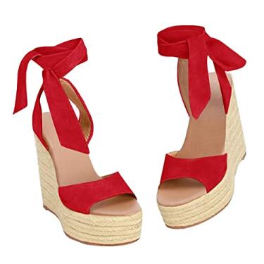 Imagem de Sandália feminina de alpargatas, salto alto, bico aberto, amarrar, plataforma, tira no tornozelo, sapatos sociais de verão, Vermelho, 37