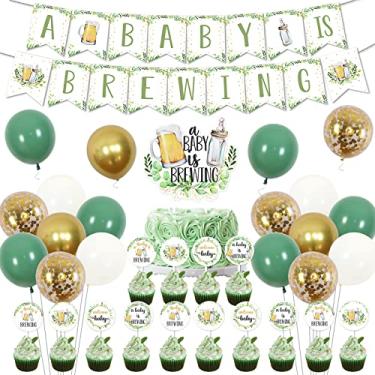 Imagem de JOYMEMO Decorações Para Chá De Bebê Com Vegetação - Topo Bolo Faixa Garrafa E Cerveja, Topos Cupcake, Balões Verde-Sálvia Revelação Do Sexo Bebê, Celebração Da Gravidez Festa Aniversário Recém-Nasci