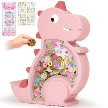 Imagem de Kibelly Cofrinho Rosa Para Meninas, Dinossauro De Madeira, Dinheiro Personalizado, Presente Aniversário, Dia Das Crianças, Decoração Quarto