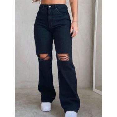 Imagem de Calça Jeans Para Meninas Wide Leg Rasgada No Joelho Fashion - PAPAI DO