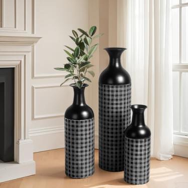 Imagem de Conjunto de 3 vasos de chão alto, grandes vasos de metal preto com linhas brancas minimalistas e boca de vasos destacáveis, grandes vasos decorativos modernos para sala de estar, corredor, salas de