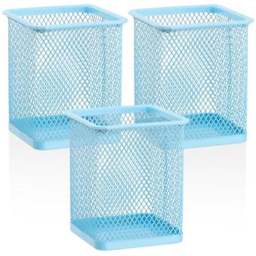 Imagem de Segarty Suporte de caneta para mesa, pacote com 3 porta-lápis quadrado azul claro, conjunto de recipiente de caneta de malha de arame, organizador de mesa para material de escritório, estudantes