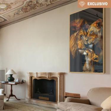 Imagem de Quadro decorativo família de leão com um filhote - MeMoldura, 80x120cm