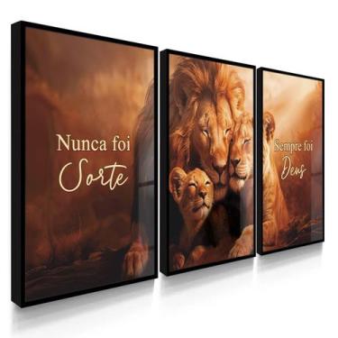 Imagem de Quadro Decorativo Trio Família Leão Sorte Deus Fé Sala 70x50 Kit com V
