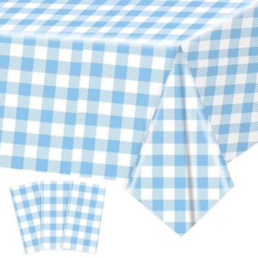 Imagem de 3 peças de toalha de mesa xadrez azul claro 137 × 272 cm retangular azul guingão toalha de mesa descartável de plástico impermeável para piquenique ao ar livre, cozinha, festa de aniversário