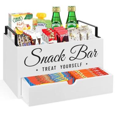 Imagem de Organizador de lanches para bancada, caixas de armazenamento de despensa de madeira com alças, organizador de lanches para despensa, cozinha, caixa de lanche de 4 compartimentos com gaveta