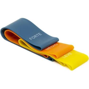 Imagem de Kit Mini Faixa Elástica de Látex, 3 Intensidades, 26cm x 5cm, Amarelo/Laranja/Azul, para Exercícios e Fisioterapia