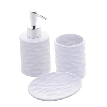 Imagem de LYOR - Conjunto 3 Peças para Banheiro de Cerâmica Cannes Branco - 1 Porta Sabonete Líquido, 1 Saboneteira e 1 Porta escova de dentes