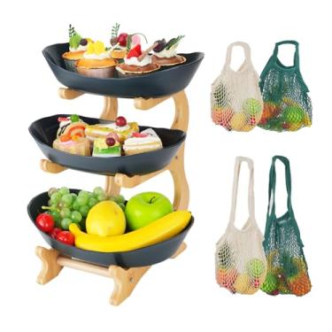 Imagem de FHDUSRYO Cesta de frutas de bambu de 3 camadas com 4 sacos de corda, tigela de frutas com sacos de malha de compras reutilizáveis, suporte de frutas com rack natural conjunto de tigelas ovais para