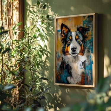 Imagem de Quadro Decorativo Border Collie Com Moldura Cachorro Colorido Pet Inteligente Arte Moderna Vibrante Parede Animal