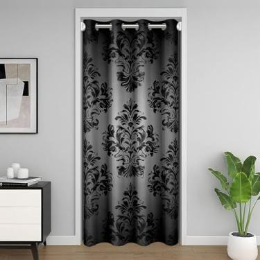 Imagem de Castle Fairy Cortina de porta preta damasco para jovens adultos, cortina de porta de armário com estampa floral de renda gótica vintage 132 cm L x 203 cm C, porta cinza barroco vitoriano boêmia para