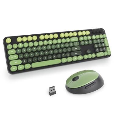 Imagem de Ussixchare Teclado e mouse sem fio verde, lindo combo de teclado e mouse, teclado de máquina de escrever de tamanho completo com teclado numérico, teclado colorido para PC, laptop