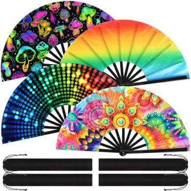 Imagem de Blulu 4 peças de leques grandes dobráveis para dança em linha, grandes de seda, palmas à mão, para botas de dança no chão, decoração de festa de festival (estilo chique, cores arco-íris, 33 polegadas)