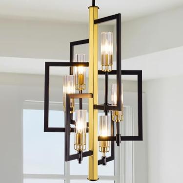 Imagem de Wellmet Lustre dourado preto, lustres geométricos de latão 6 luzes para sala de jantar, luminária pendente moderna para hall de entrada, cozinha, ilha, entrada, moldura de metal com persiana de vidro