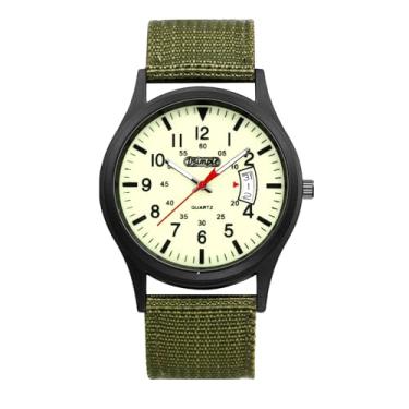 Imagem de JewelryWe Relógio de pulso masculino tático de nylon - mostrador analógico de quartzo 24 horas, calendário luminoso, campo militar, ao ar livre, Verde, Adjustable