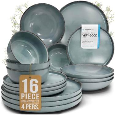 Imagem de Aparelho de jantar de grés Pure Living com 16 peças para 4 pessoas, design rústico, seguro para lava-louça, jogo de pratos e tigelas, azul fumê