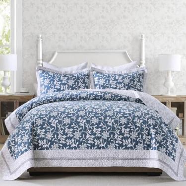 Imagem de SOElinens Colchas King Size – Conjunto de colcha azul e branca com fronhas combinando, colcha de cama reversível para jardim, estampa floral, casa de fazenda, 3 peças, 100% algodão, leve para todas as