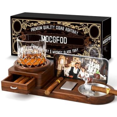 Imagem de Porta-copos para cinzeiro de charuto, bandeja de vidro de uísque e suporte para charutos, bandeja de cinzas de madeira, compartimento para segurar charutos, descanso de charutos, conjunto de