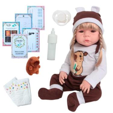 Imagem de Boneca Reborn Silicone 46cm Loira Roupa Capivara Com Pelúcia - Cegonha